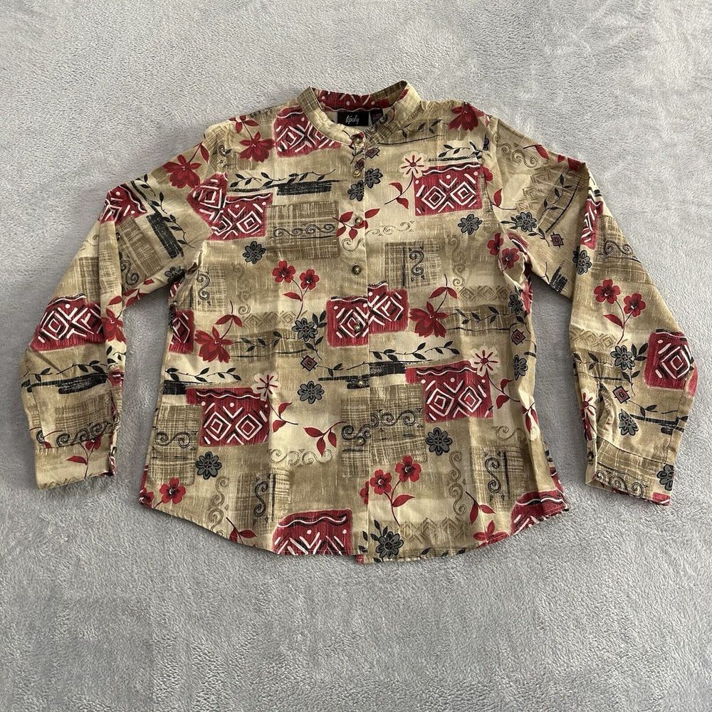 Vtg Tapestry USA Button Shirt Women Large Tropical Long Sleeve Beige Red